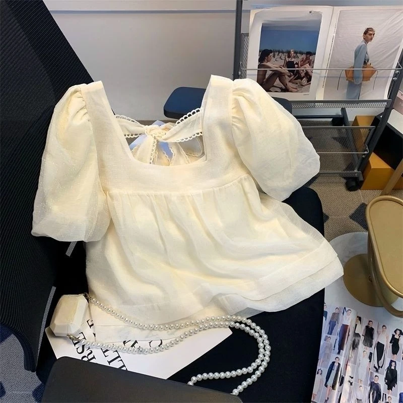 

Elegant Fresh Sweet Bow Lace Up Puff Sleeve Blouses 2025 Summer New Shirt Women Loose All-match Square Collar Blusas Mujer