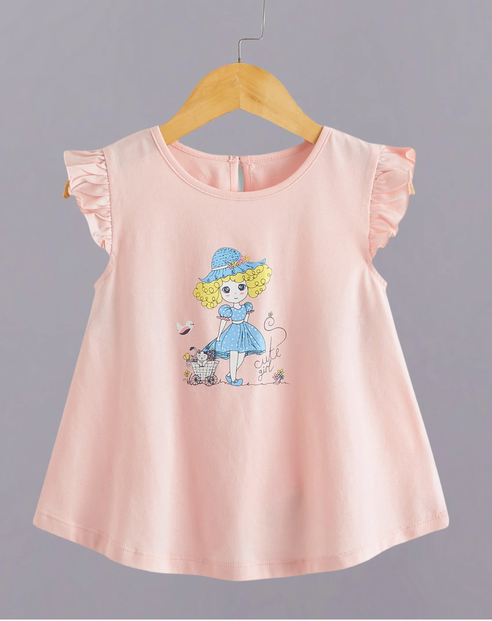 Girls cute cartoon pattern T-shirt - pink flying sleeve design, comfortable and casual style