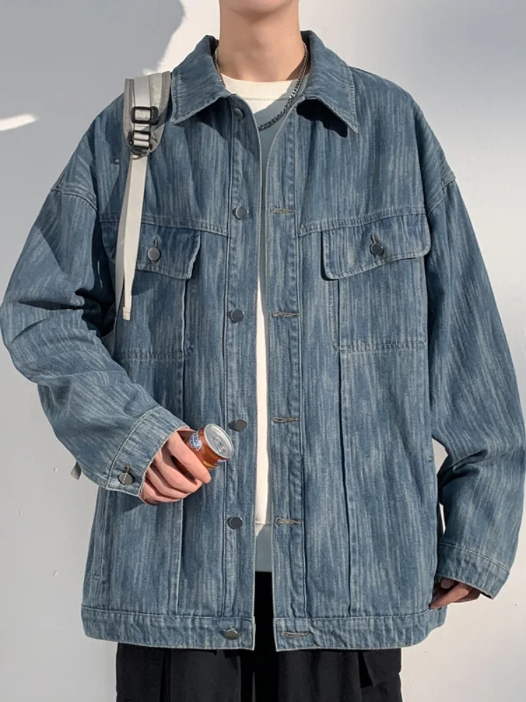 

Мужская джинсовая куртка в стиле ретро, осень 2024, новая модель, повседневная, с воротником, в рабочем стиле, свободного кроя, с пуговицами