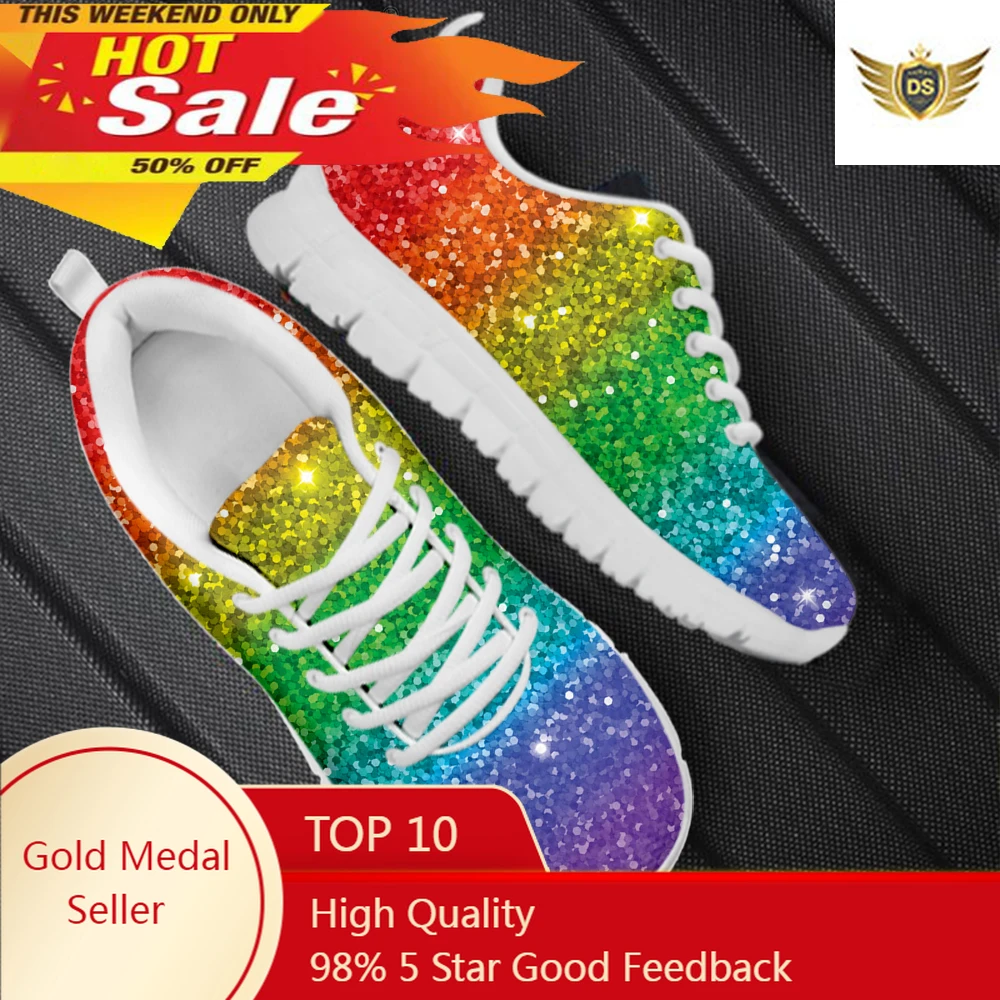 

Cool Rainbow Glitter Texture Printed Girls Flat Shoes Breathable Slip-on Mesh Sneakers Outdoor Lace Up Scarpe Donna