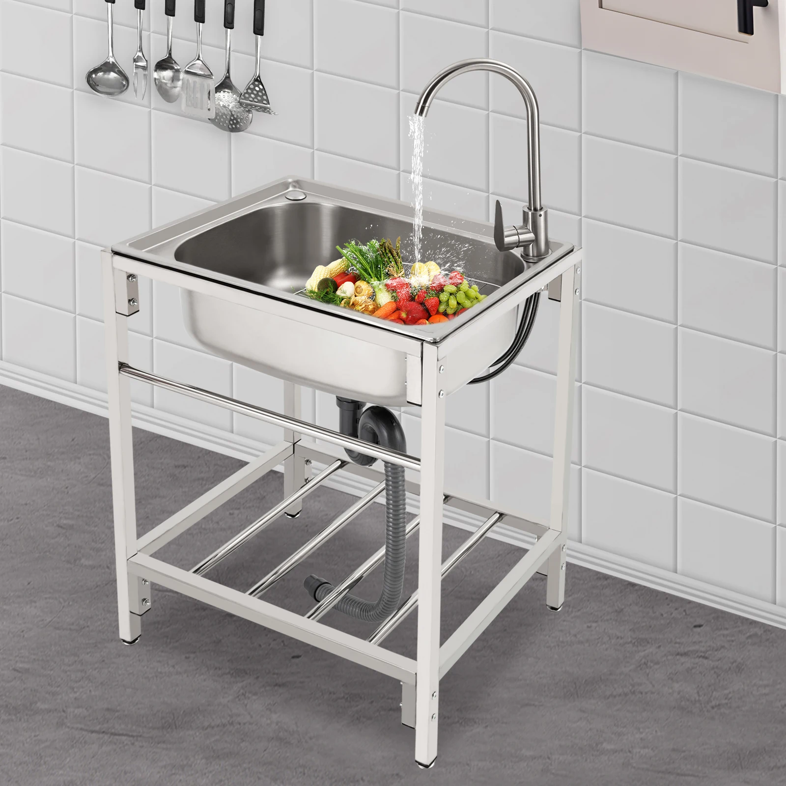 

Kitchen sinks-Freestanding Single Basin Sink: Deep, Quiet, and Raised Design for Efficient Cleaning of Dishes, Fruits, and More