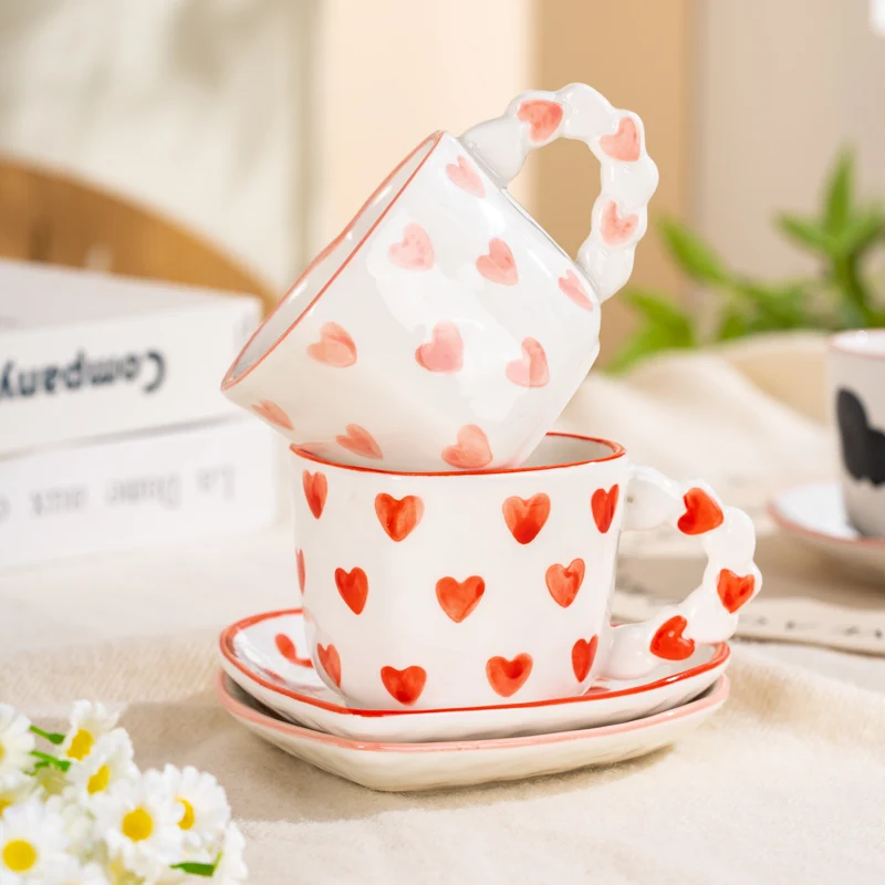 Novelty Hand Painted Love Ceramics Mug Heart Shape Coffee cup with Saucer Romantic Gifts Afternoon tea Cup Breakfast milk cups