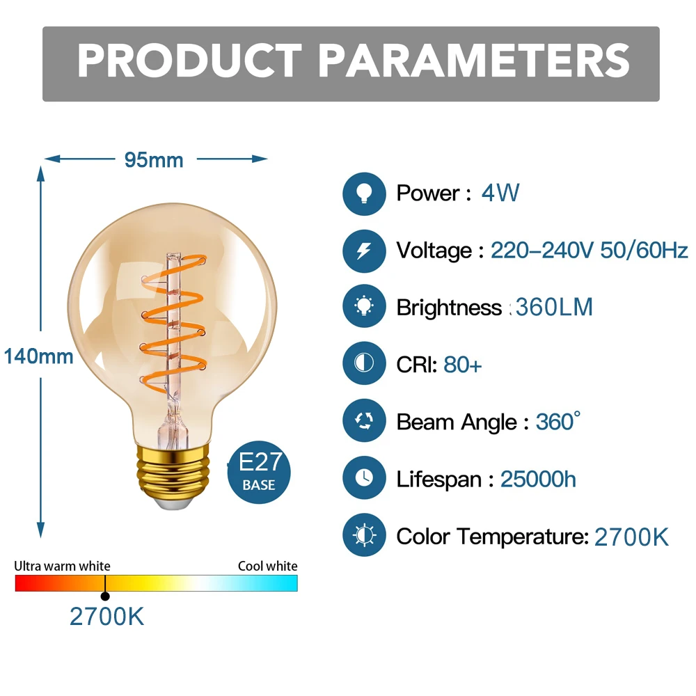 6PCS Retro Edison Spiral E27 LED Light Bulb 4W Deep Dimmable 220V G95 Vintage Glass Bulb Lamp For Home Decor Lighting