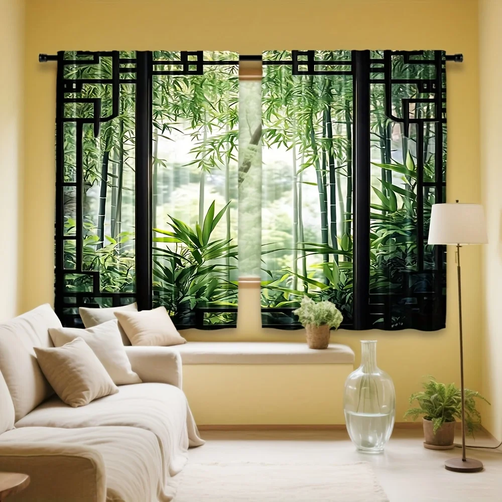 Modern Bohemian Tropical Jungle Curtain Black Frame Panel Decor Living Room Window Drapes Polyester Filter Natural Style Curtain
