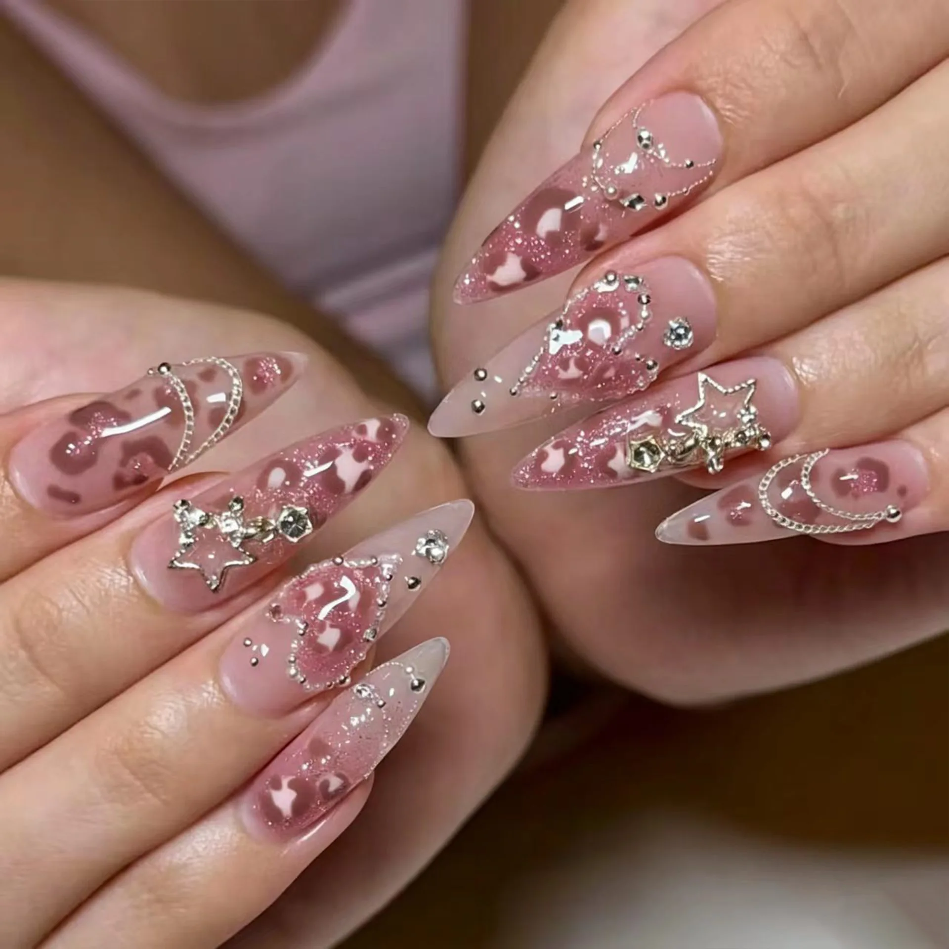 24Pcs Leopard Print Pink Style Press on Nails with Star Rhinestone Long Stiletto Wearable False Fingernails Almond Fake Manicure