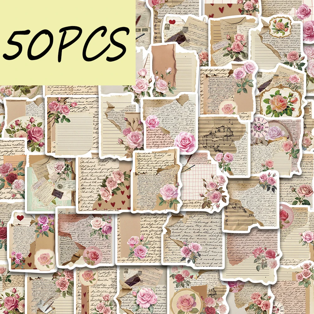 50PCS Retro Rose Inspirational Quote Stickers, suitable for decorating notebooks, books, suitcases, waterproof stickers