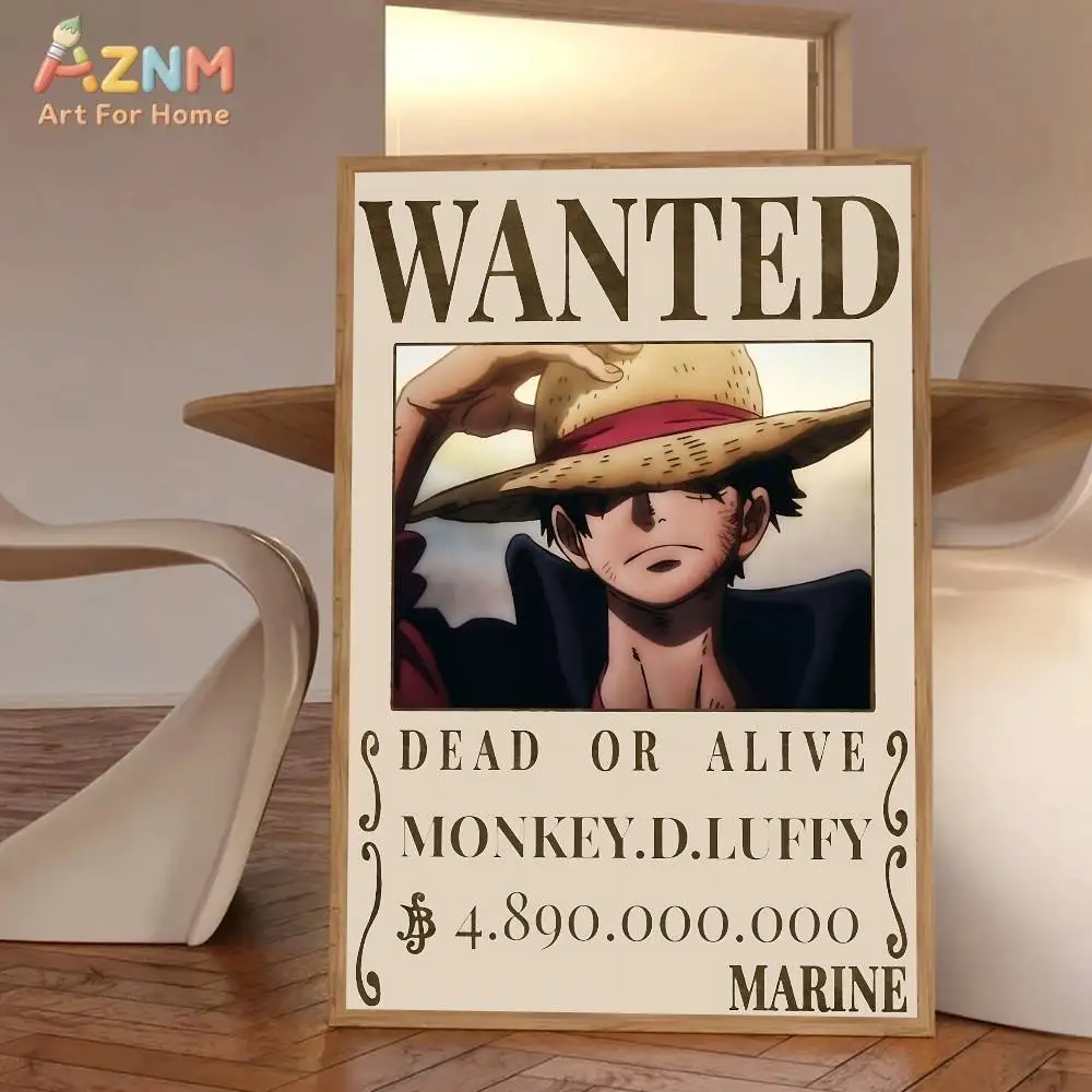AZNM One Piece Vintage Wanted Bounty Canvas Print Unframed Luffy Zoro Sanji Law Whitebeard Usopp Chopper Anime Wall Art Poster D