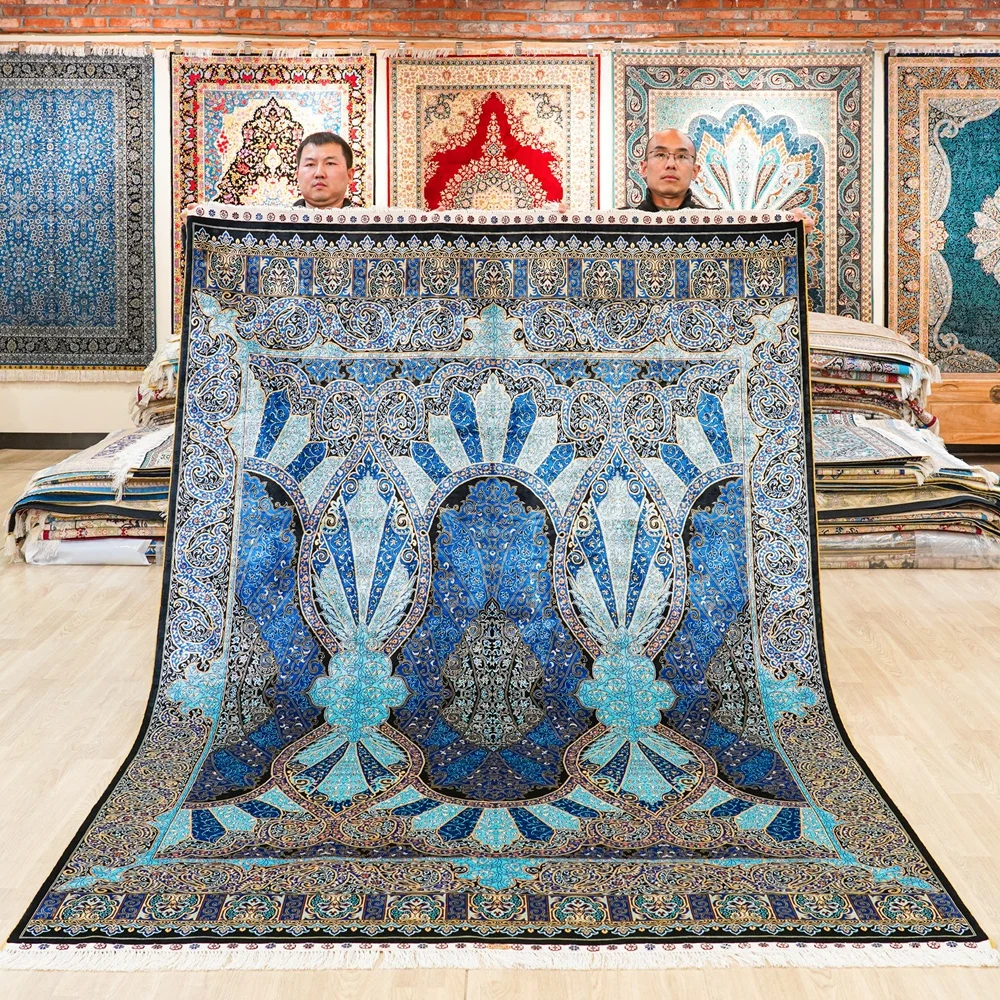 183x274cm Classic Handmade Persian Rugs Blue Turkish Silk Carpet