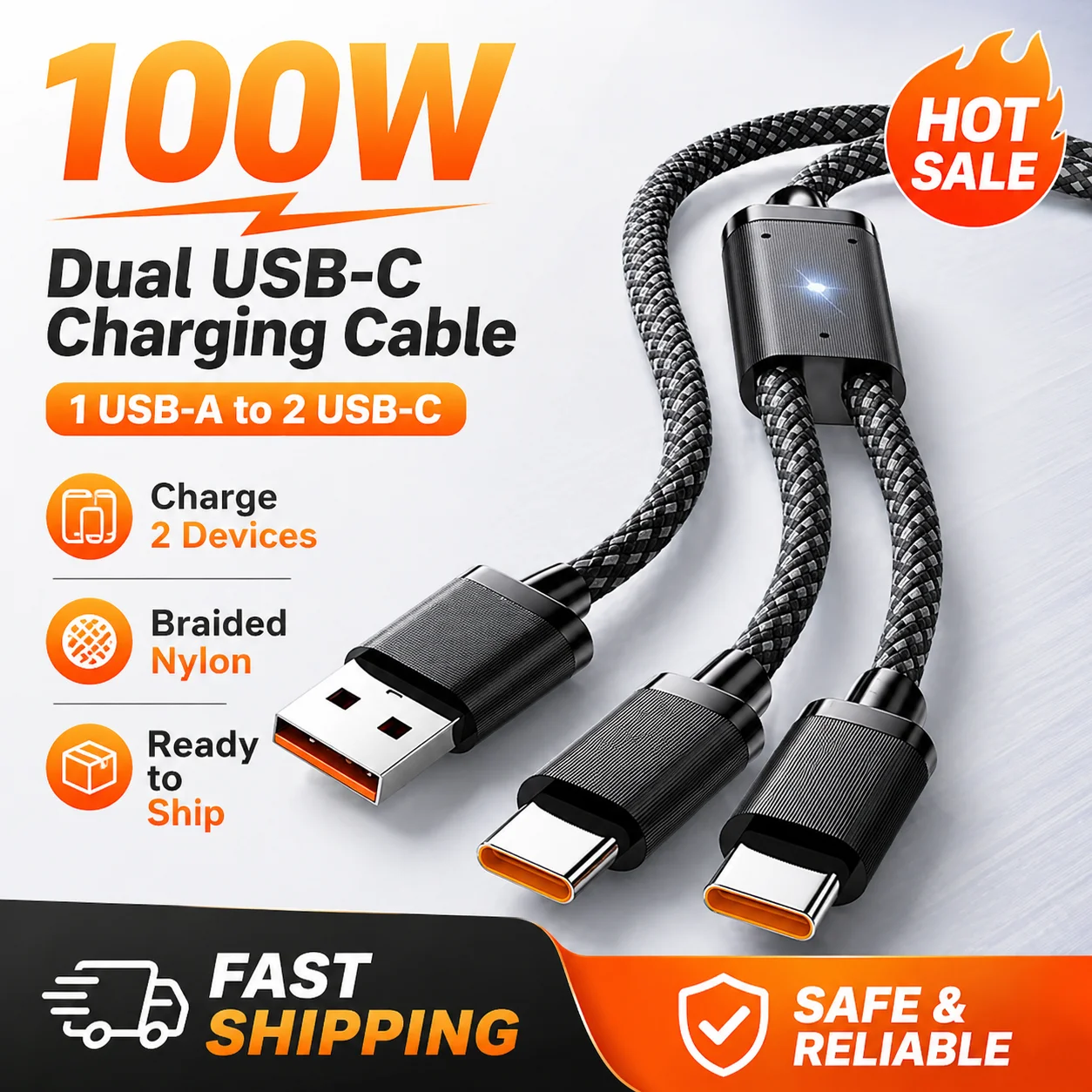 Dual-Port Type-C Cable: One Cable, Two Ports 100W Fast Charging Compatible with Apple iPhone 16/17, Huawei Devices Multi-Port C