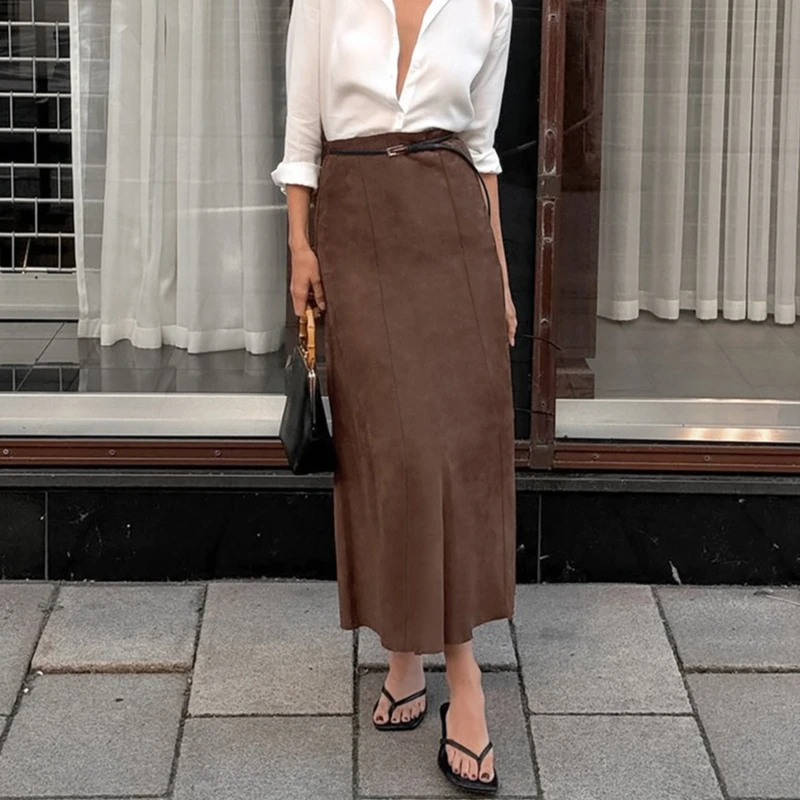 Autumn Winter Faux Suede Maxi Skirt Women Solid A Line High Waisted Skirt Ankle Length Elegant Straight Casual Long Skirt Lady