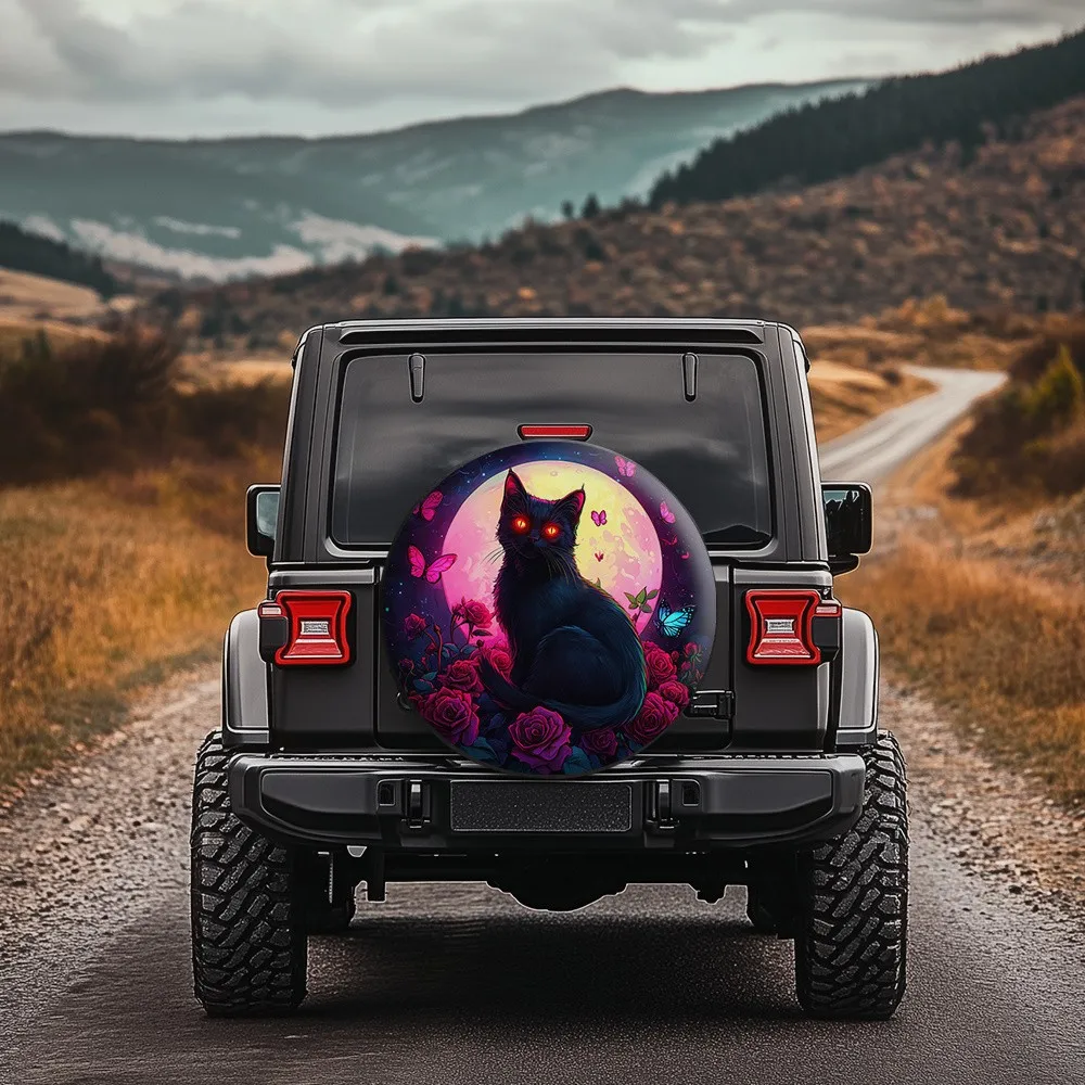 Gothic Black Cat Moon Tire Cover Polyester Durable Waterproof Spare Wheel Protector for Jeep SUV