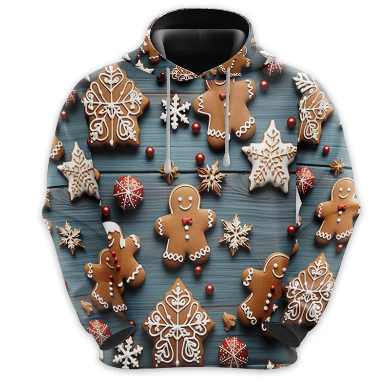 Cute Gingerbread Man Pattern Hoodies For Men Fashion Autumn 3D Printed Kids Christmas Hoodie Sweatshirt Casual Loose Pullovers