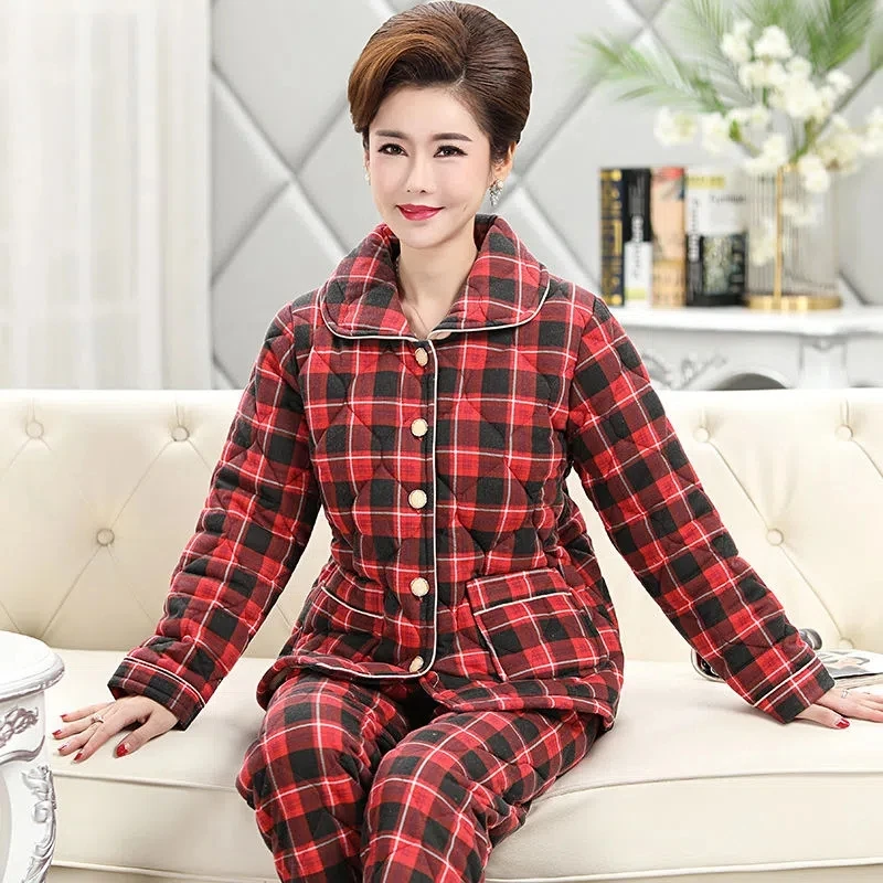 Plaid Pajamas Women Winter Warm Suits Coral Fleece Three-Layer Quilted Mid-Aged Mother Thicken Flannel Warm Jacket Home Service