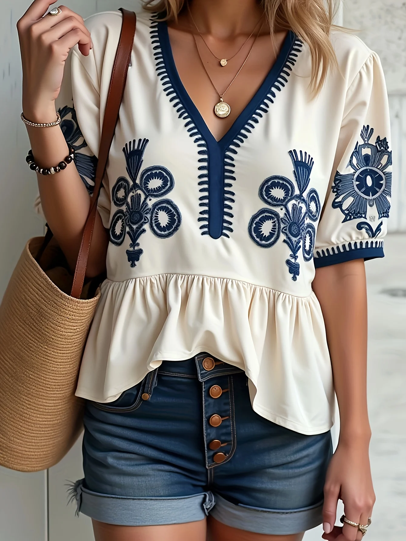 

Винтажный сине-белый фарфоровый топ с короткими рукавами и принтом больших размеров для женщин