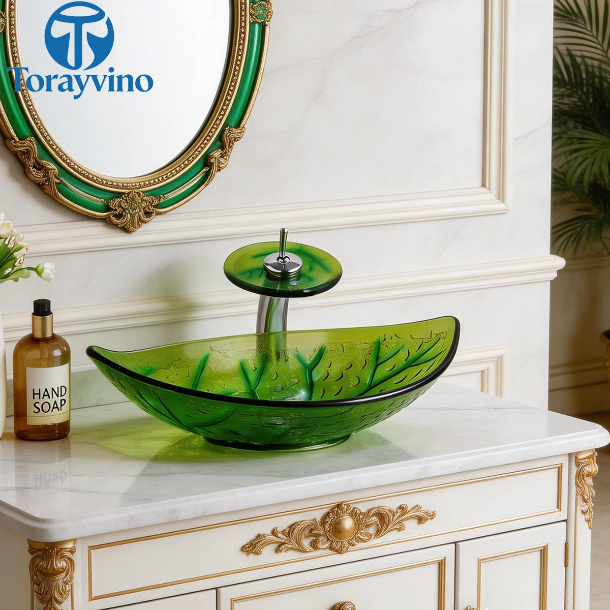 

Torayvino Bathroom Leaf Tempered Glass Oval Vessel sink Vanity Counter Top Waterfall Washbasin Basin Sink set Faucet Combo Bath