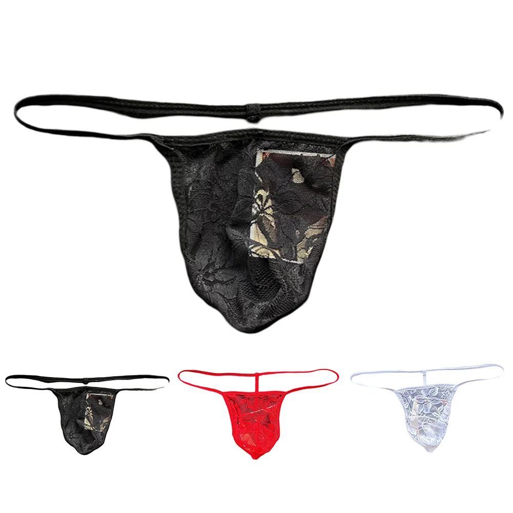 Laço ultra fino ver através de tanga para homens, cintas de espaguete, baixo crescimento, cuecas G string, bolsa, lingerie sem costura, cuecas sexy