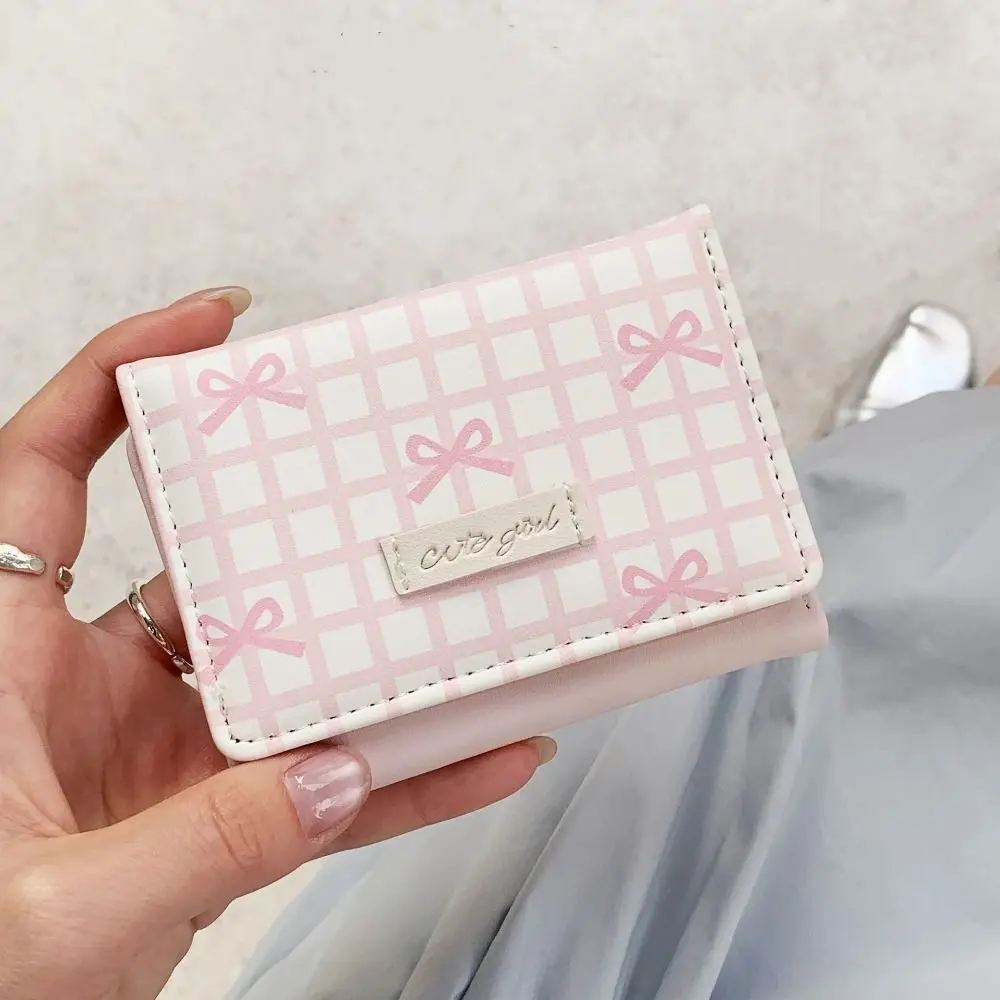 

Lovely Sweet Cute Tri-Fold Purses Multiple Card Slot PU Leather Bow Short Wallet Candy Color Lattice Coin Purse Daily