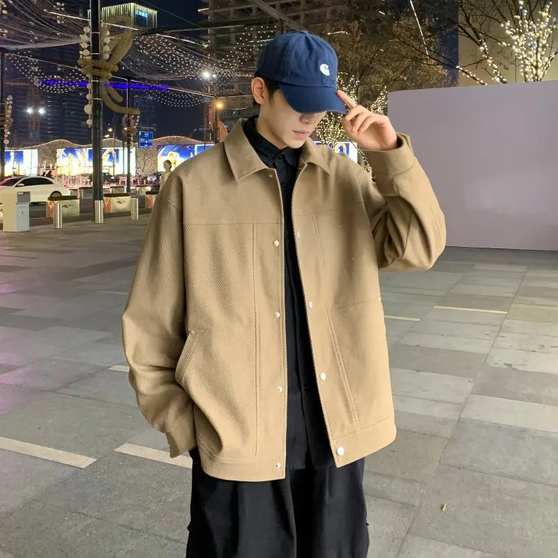 

Spring New Men's Loose Fit Workwear Collared Jacket Basic Style Cardigan Trendy Brand Outerwear Comfortable Woolen Coat