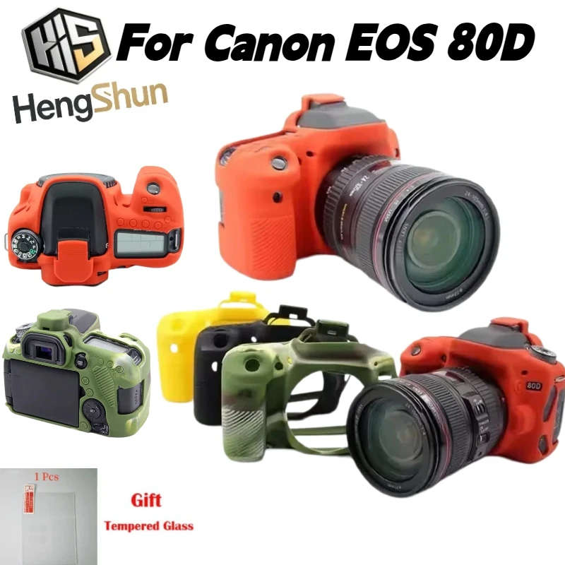 For Canon EOS 80D Soft Silicone Camera Case Shock‑Proof Anti‑Scratch Protective Cover With Free Tempered Glass Screen Protector
