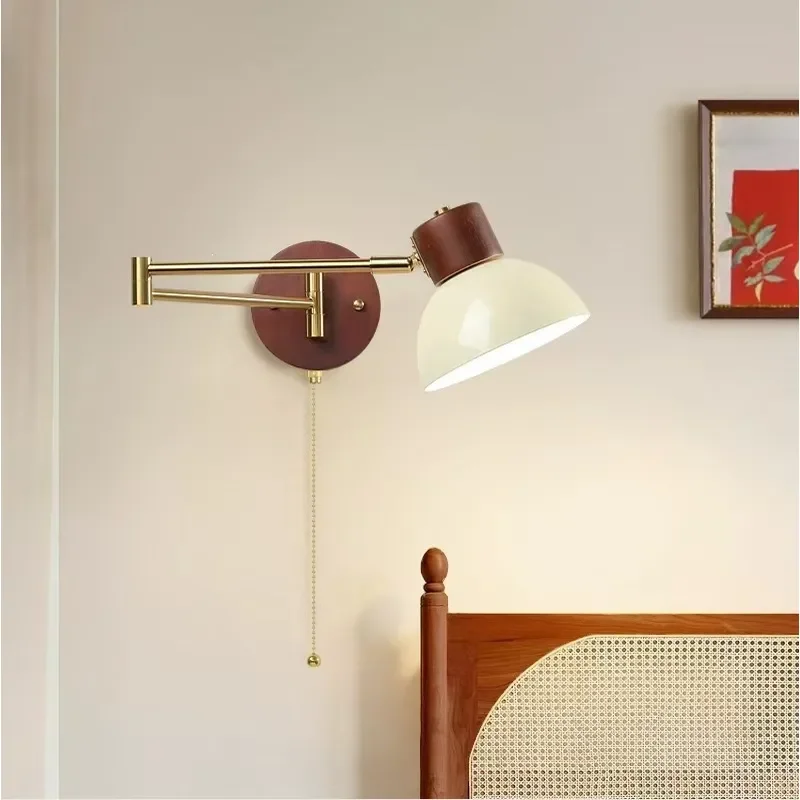 for Medieval Style Bedroom Bedside Wall Lamp Displaceable Rocker Arm Cream Wind Folding Telescopic Study Reading Light