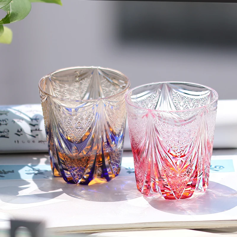 Handcrafted 320ml Whiskey Glass Tumbler Purple Blue Pink Edo Kiriko Cut Sails Design Barware for Gift