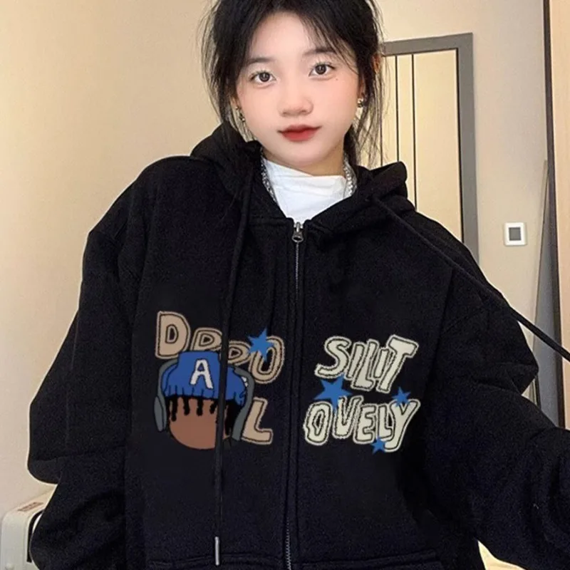 Y2K Cartoon Print Zip Front Hoodie for Women, Vintage Graffiti Letter Oversized Hooded Jacket, Street Style Fall Outerwear