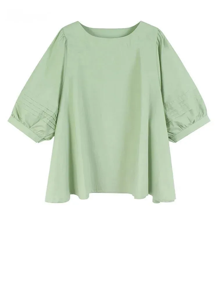 

Women Green Big Size Elegant Blouse New Round Neck Three-quarter Lantern Sleeve Shirt Fashion Spring Autumn