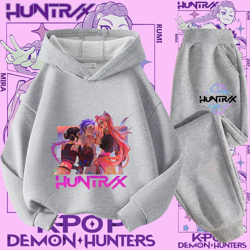 طقم ملابس رياضية للفتيات من K-pop Demon Hunter مكون من قطعتين - تصميم جديد - قميص كاجوال لطيف للأطفال - طقم بقلنسوة مع طباعة كرتونية