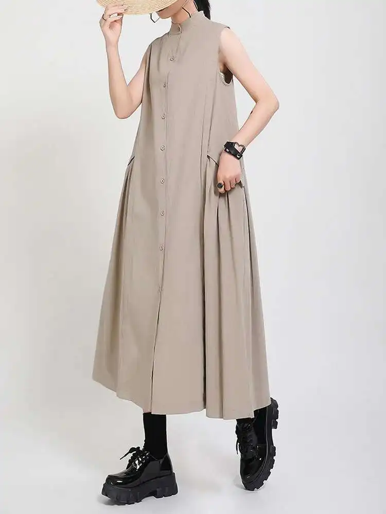 

Женское плиссированное длинное платье цвета хаки с разрезом, новое свободное платье без рукавов с воротником-стойкой, модное весенне-летнее платье