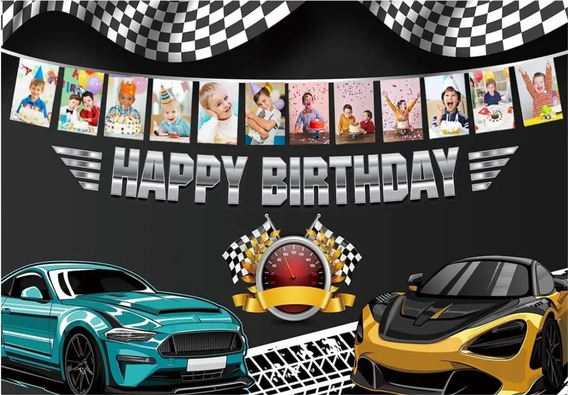 Race Car Happy Birthday Party Banner Backdrop Racing Themed Decorations Background Speedometer for Boys Baby Shower Photography