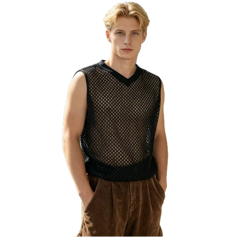 Mens Mesh Muscle Vest Transparent Large Mesh Hollow Tank Tops Sleeveless Blouse Bodybuilding Gyms Clothing Fitness Vests
