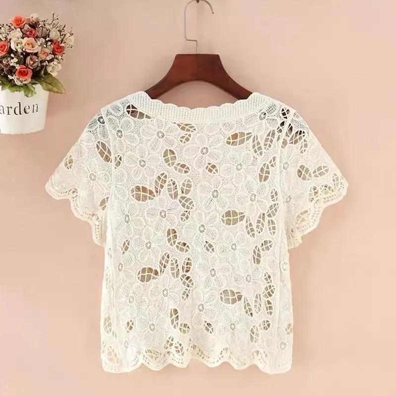 Summer New Paragraph Lace Knit Cardigan Women Korean Fashion Y2k Crop Tops Short Sleeve V-neck Cardigan Hollow Out Jacket