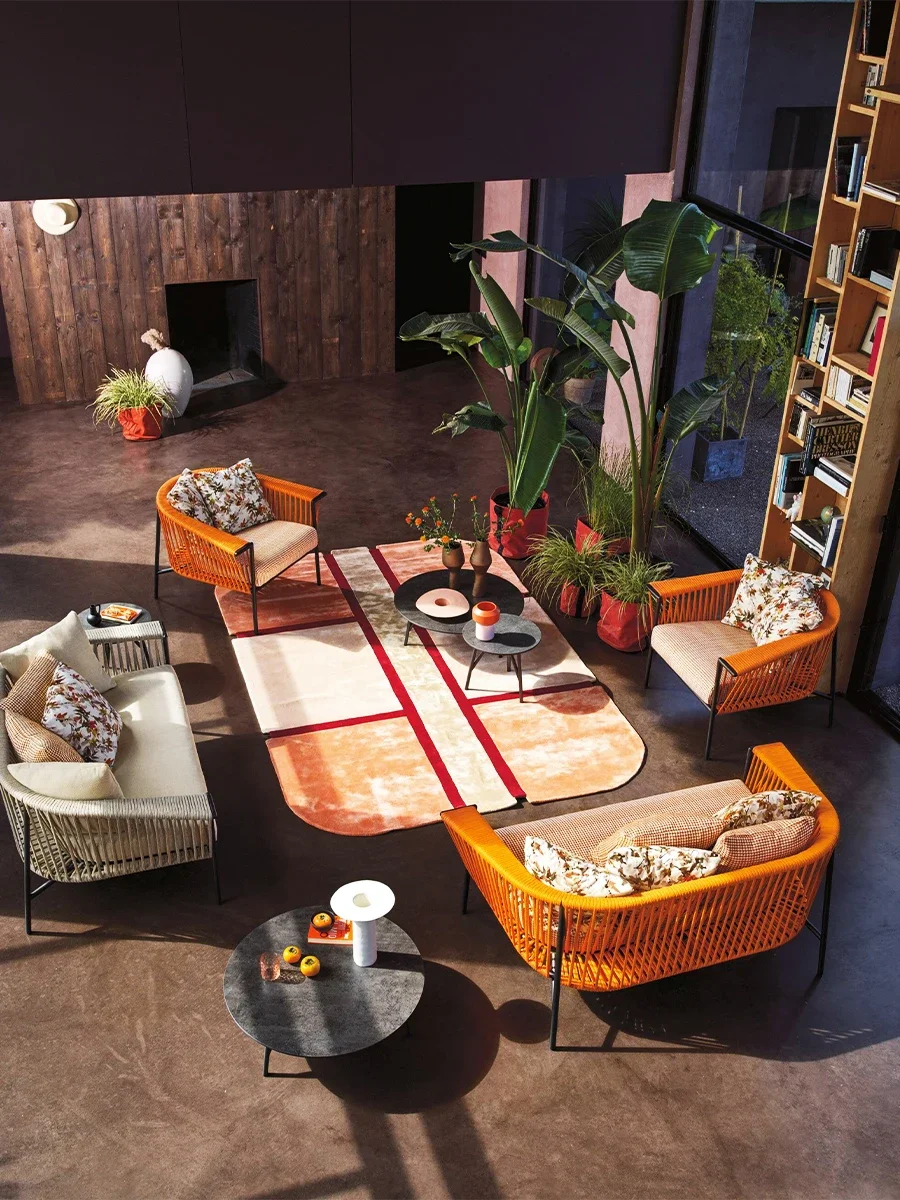 โซฟาหวายสไตล์นอร์ดิกสำหรับพักผ่อนกลางแจ้ง เฟอร์นิเจอร์สำหรับวิลล่า ลานบ้าน สวน ระเบียง  ทนน้ำและป้องกันแสงแดด