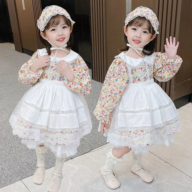 Spring Summer Girls Fragmented Blossom Dress Lolita Princess Dress Kawaii Long Sleeves Sweet Girl Chiffon Fancy Dress