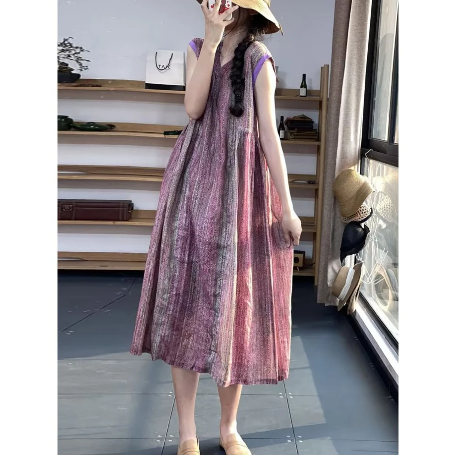 

Retro Abstract Striped Print Svel Vest Dr High Waist round Ne Midi Skirt for plus Size Women Faionable Casual Co...