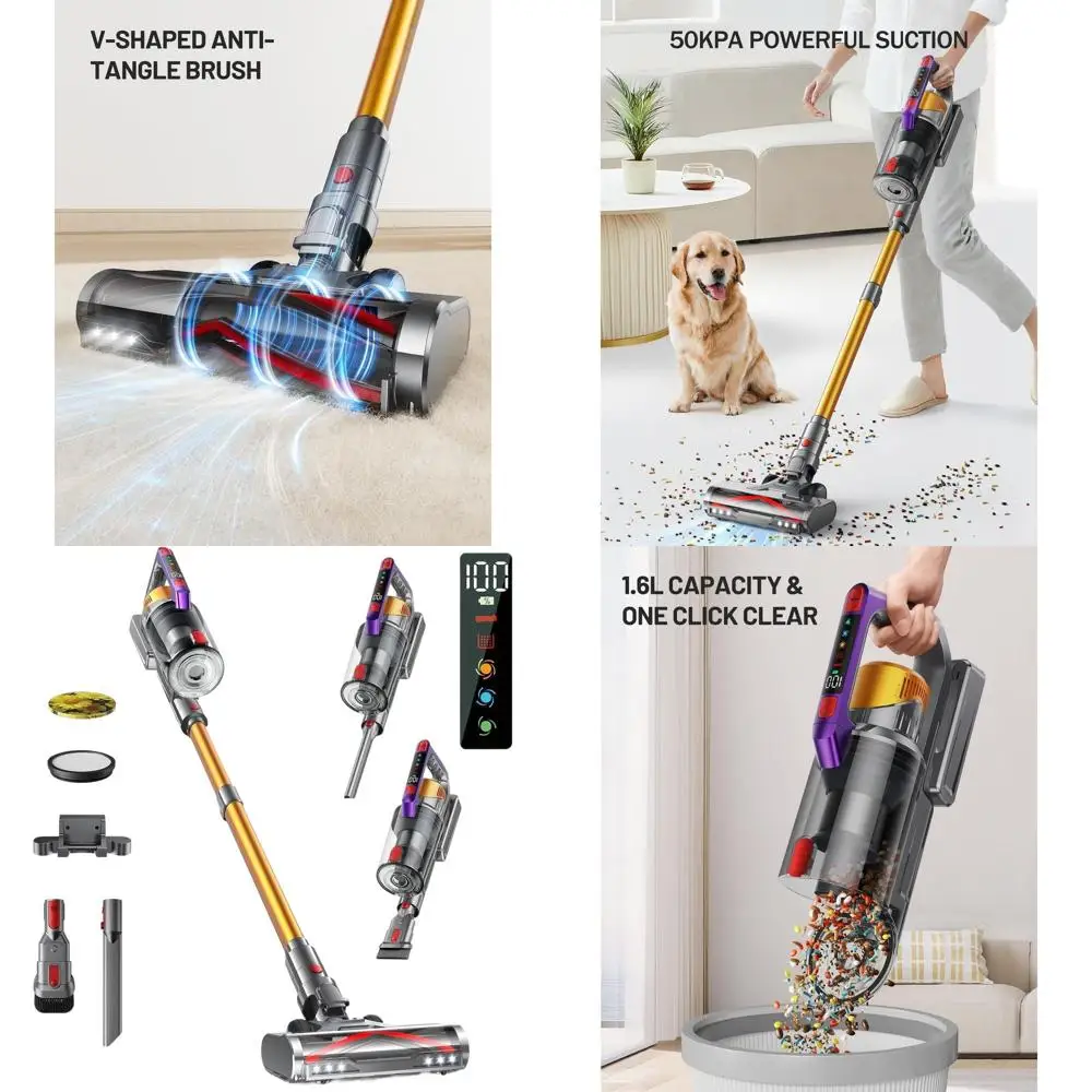 

Беспроводной пылесос Gold 600 Вт, 50 кПа, 70-минутный время работы, самостоящийся с ароматерапией, светодиодным экраном, идеально подходит для шерсти домашних животных и ковров