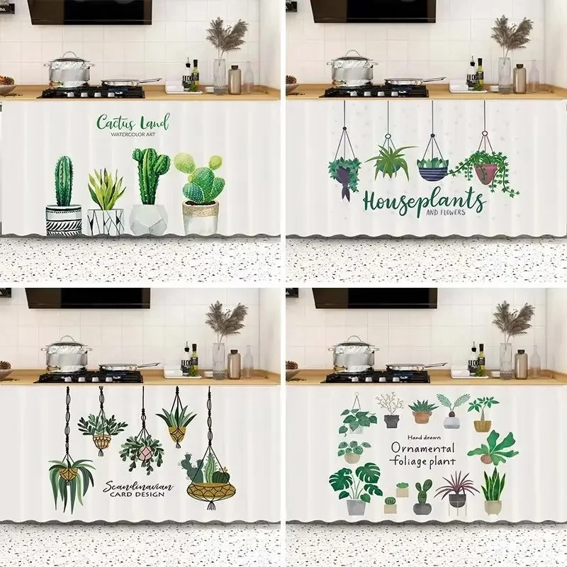 VIKAMA Watercolor Cactus Cabinet Curtain, Hand Drawn Potted Succulent Fabric Sink Skirt for Kitchen Vanity Dust Cover