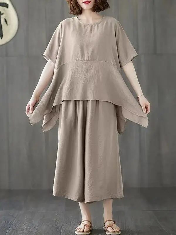 plus Size Fashionable Anti-Aging Asymmetrical Short Sleeve Top Wide Leg Pants Set Women Summer New Meat Concealing Slimming T...