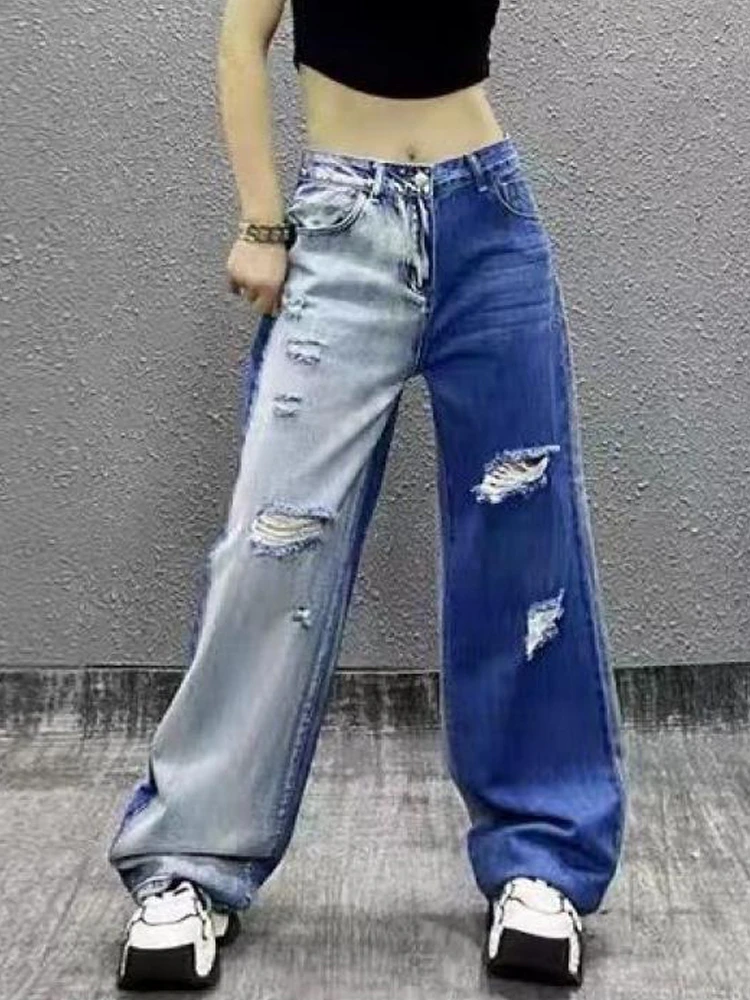 Streetwear Color-blocked Washed Distressed Jeans For Women New High-waisted Loose Denim Trousers Straight-leg Wide-leg Pants