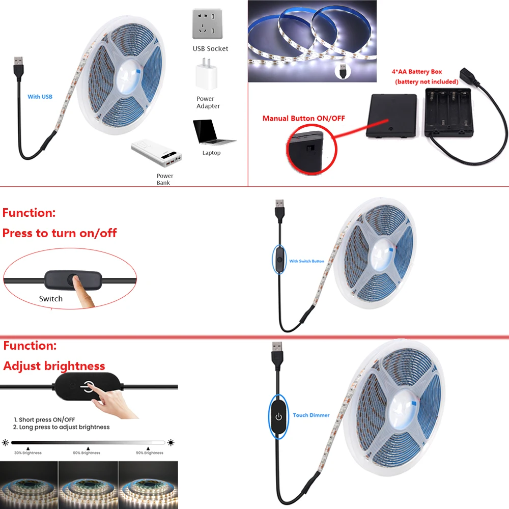 5V USB Battery Box Power LED Strip Light 2835 Dimmable Touch Switch 60Leds/m TV Backlight Flexible Tape Under Cabinet Night Lamp