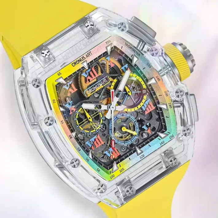 

CRONUSART Мужские часы с хронографом 50 мм Механические наручные часы Tonneau Светящийся сапфировый корпус Скелет Тройные окна