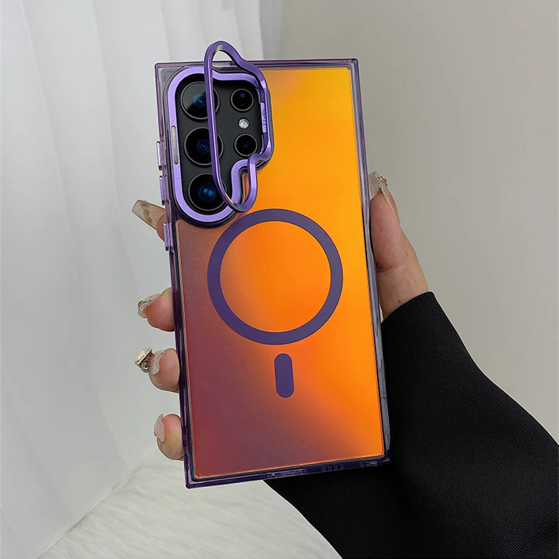 

Invisible Metal Lens Holder MagSafe Phone Case for Samsung Galaxy S25Ultra S24 S23 S25 Laser Frosted Wireless Charging PC Cover