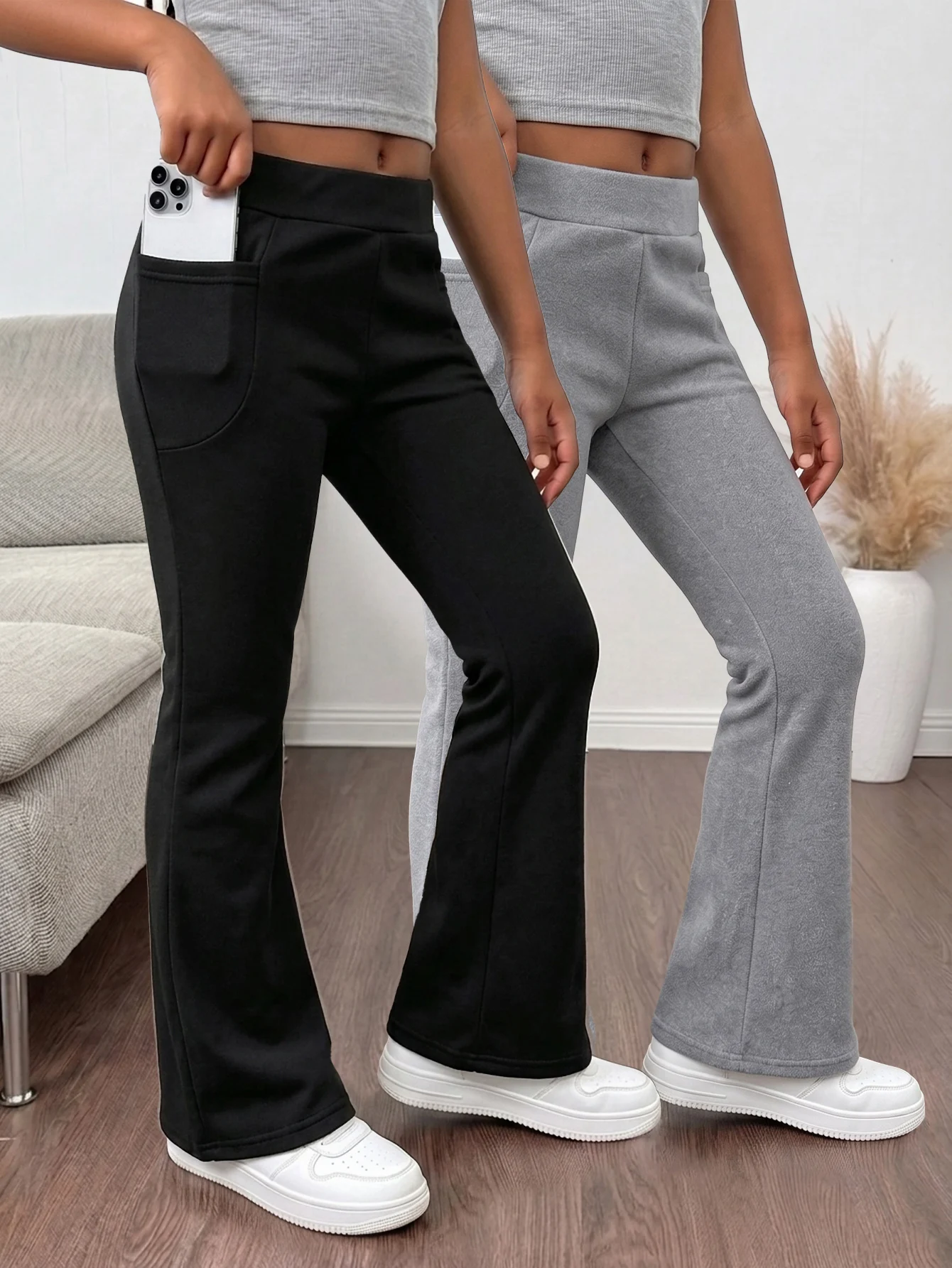 2PCS Girls Kids Tight Micro Flared Pants Outerwear Fashionable Versatile Long Trousers Suitable for Spring Casual Outdoor Wear