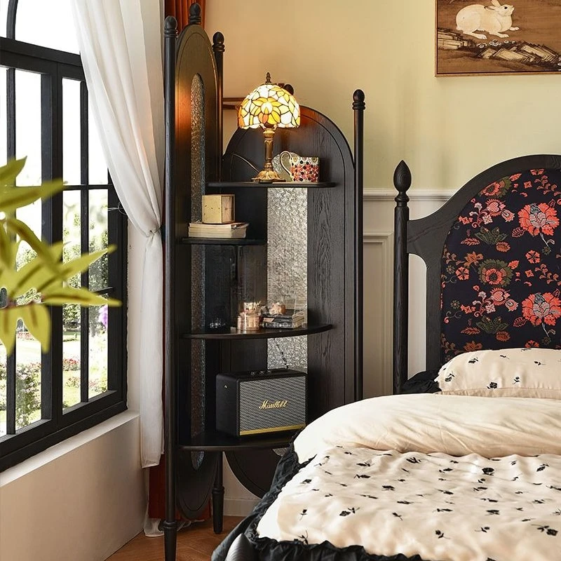 

French retro ash wood, bedside table, black premium shelf, corner storage bookshelf, home bedroom, storage