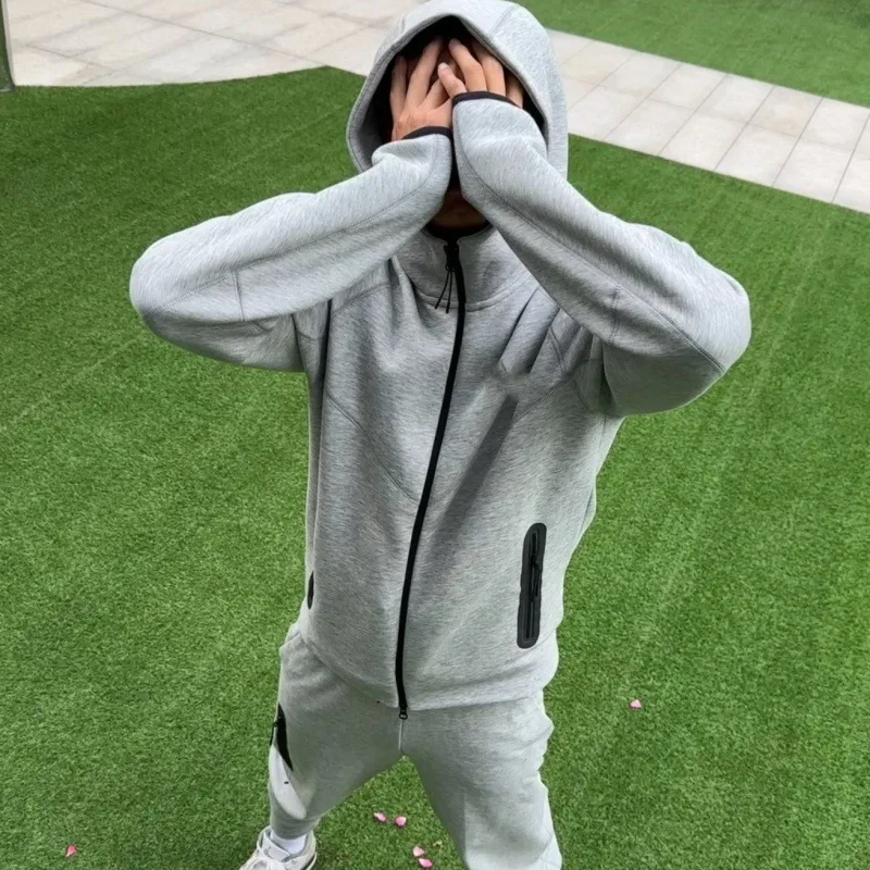 

Men's Sports Suit Zipper Long Sleeve Hooded Color Jacket Sweatpants Breathable Cotton Tech Fleece Hoodie Logo Solid Style Sets