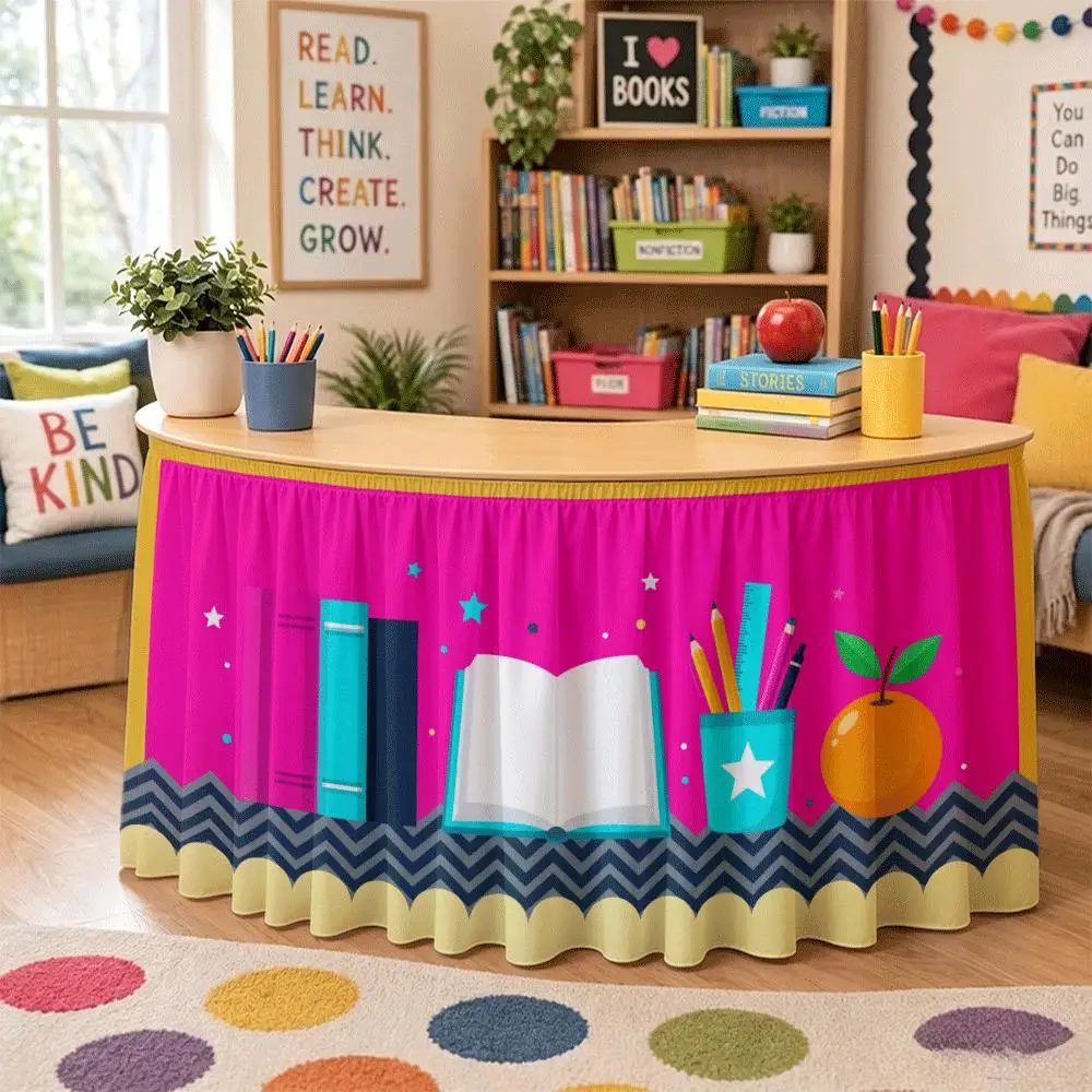 Table skirts, library-themed prints, desk enclosures, classroom decorations, teachers' office area party tablecloths