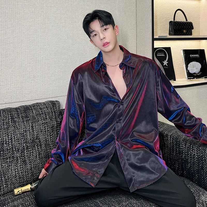 IEFB Men Casual Shirt Trendy Liquid Versatile Shiny Design Fashion Loose Long Sleeve Top Korean Style Personality Clothing 9C584