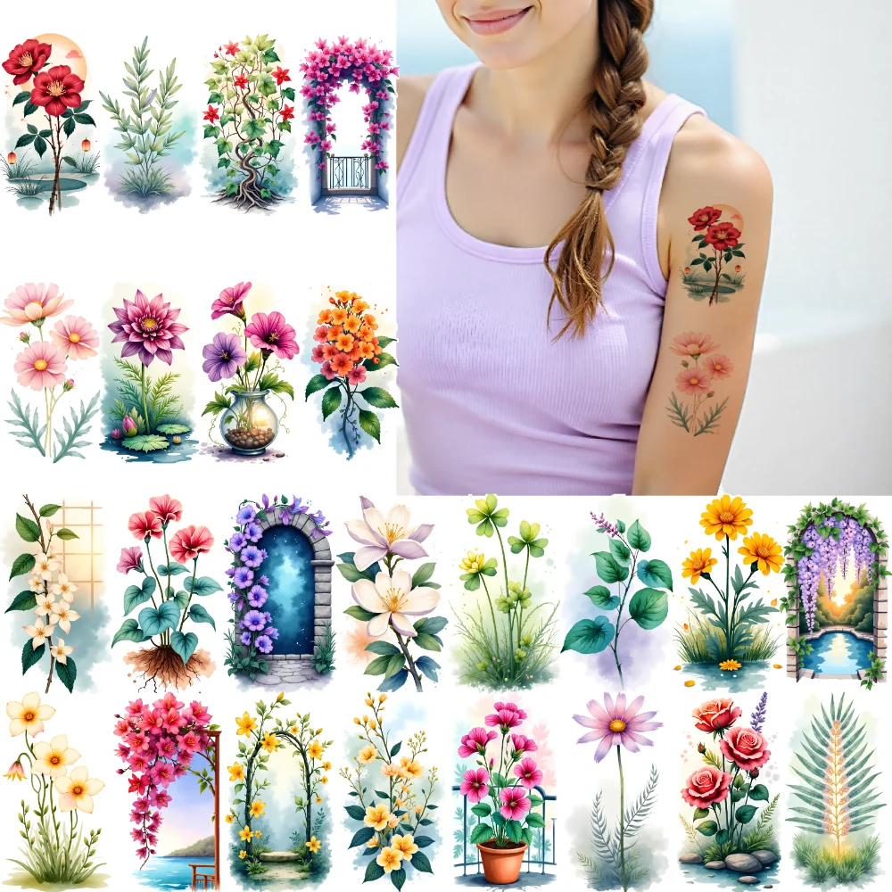 

9 шт., временные татуировки, красочные иллюстрации, временные татуировки, наклейки, цветочный дизайн, акварель для плеч, рук, девочек