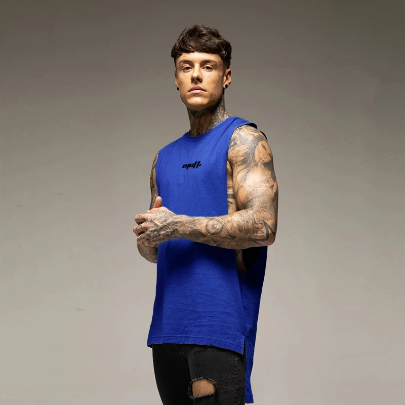 Mens Sport Extend Cut Off Sleeveless T-shirts Cotton Breathable Gym Bodybuilding Vests Fashion Hip-Hop Fitness Muscle Tank Tops