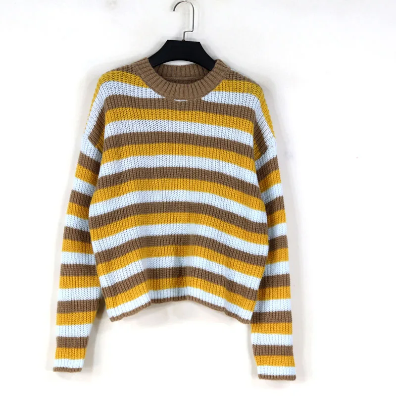 

Loose Knitted round Ne Sweater Women's Autumn Winter Thi Lazy Sle Striped Base irt Faionable Soft Polyester Fiber